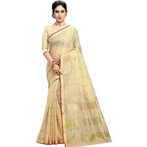 Women's Kota Doria Pure Cotton Saree With Unstiched Blouse NWT golden zari weave